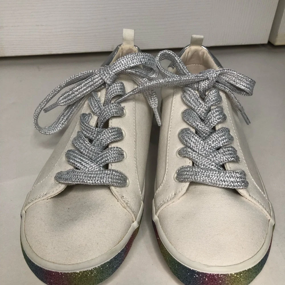 Gap‎ kids cream canvas shoes rainbow sparkly trim & silver laces size 4 sneakers